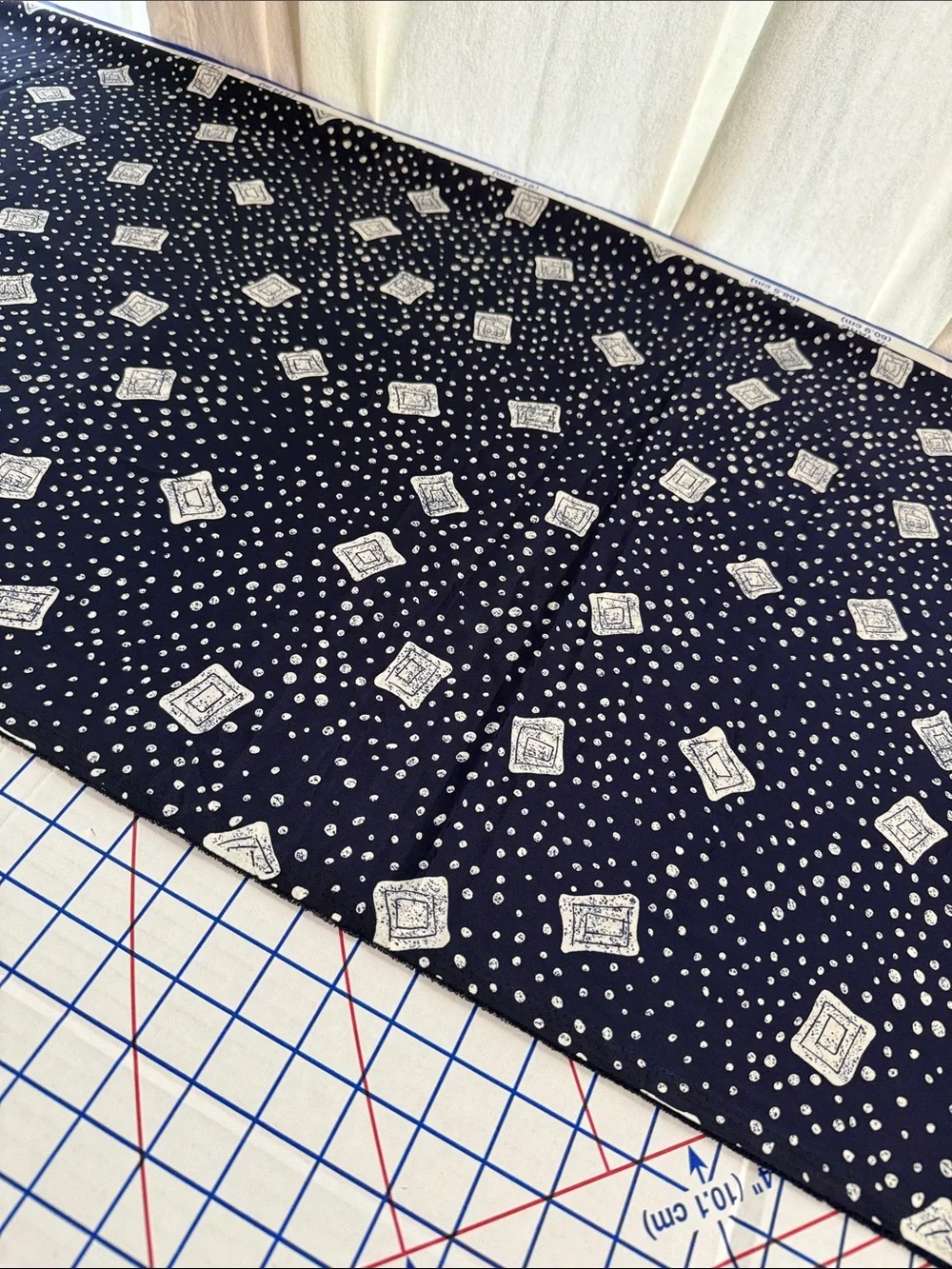 Vintage 1970s 80s Dark Navy Cream Abstract Dot Geometric Fabric 2.5 Yards x 44”